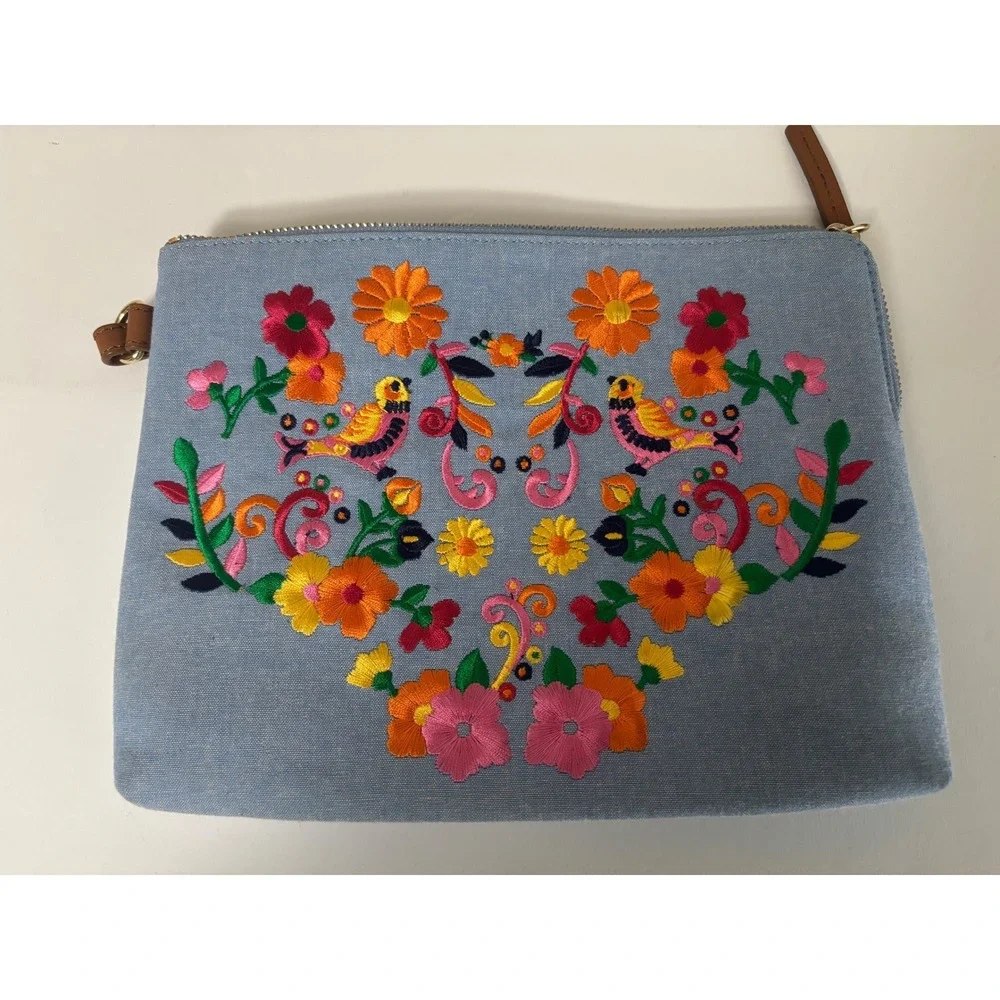 Talbots Blue Chambray Embroidered Floral Bird Wristlet Clutch Bag Zip